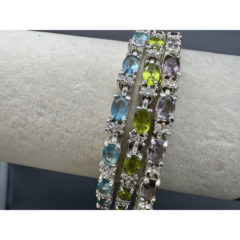 Vintage Avon Signed Lot of 3 Silver Tone Tennis Bracelets Crystal Blue Green
